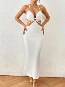 Chiquease Đầm Maxi hở lưng hở vai cổ lọ viền đuôi cá cho nữ - trắng - Xem 4