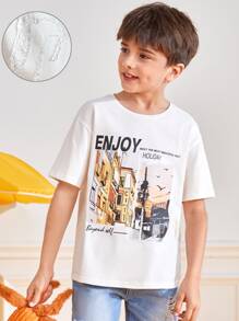 SHEIN Boys Slogan & Picture Print Drop Shoulder Waterproof Tee - White - View 1
