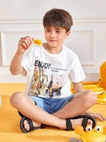 SHEIN Boys Slogan & Picture Print Drop Shoulder Waterproof Tee - White - View 6