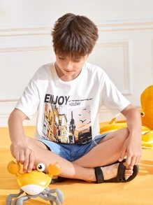 SHEIN Boys Slogan & Picture Print Drop Shoulder Waterproof Tee - White - View 7