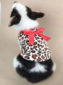 1入組帶蝴蝶結豹紋寵物背心，適合中小型犬、貓冬季寵物服裝 - 彩色 - 查看 2
