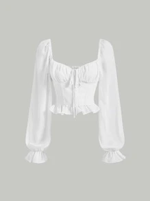 SHEIN MOD 胸部褶皺前繫帶荷葉袖荷葉邊襯衫