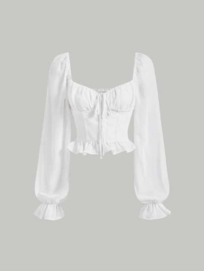 SHEIN MOD Bluse mit Rüschen, Band vorne, Volant Ärmeln, Rüschen