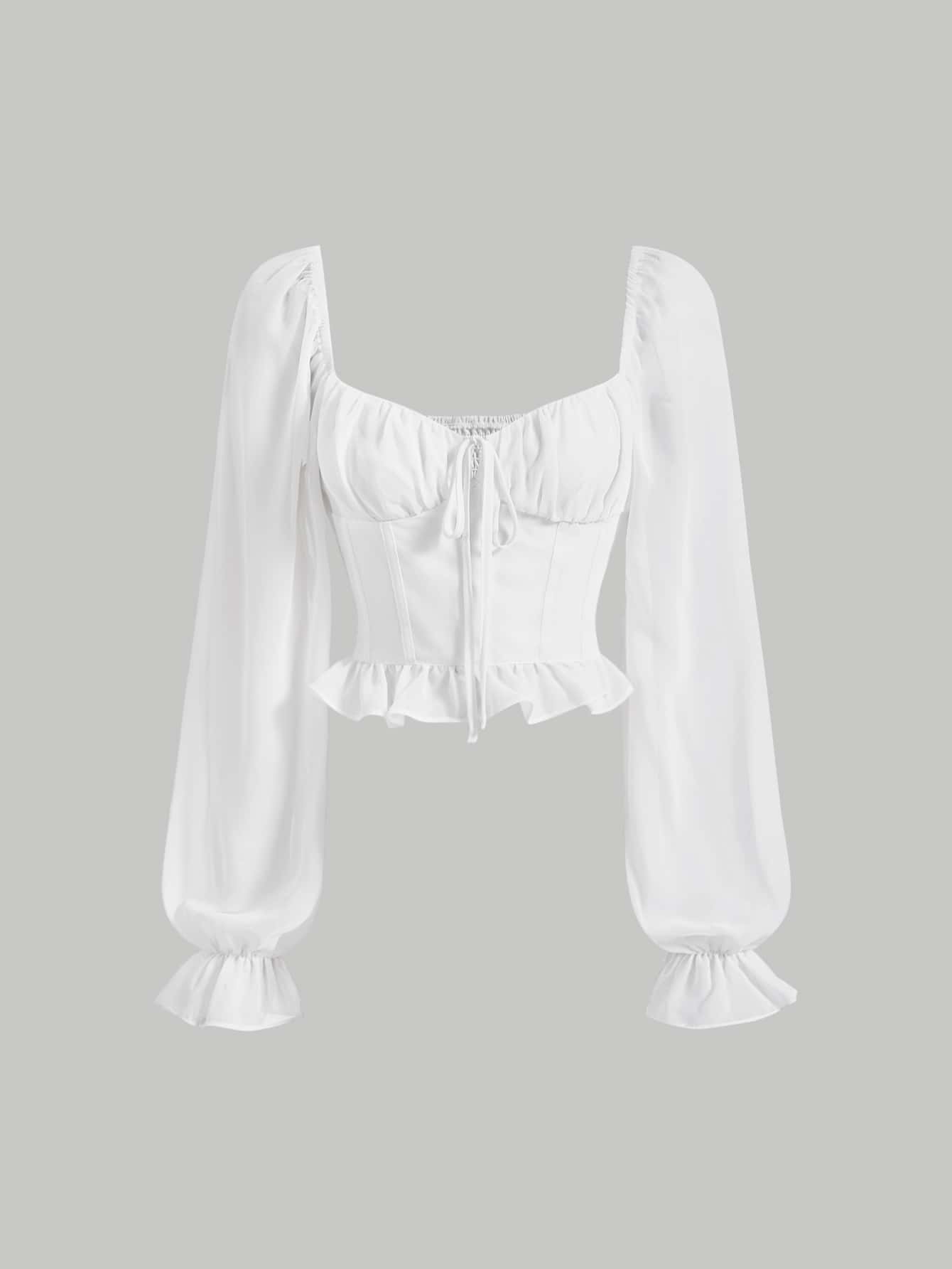 SHEIN MOD 胸部褶皺前繫帶荷葉袖荷葉邊襯衫