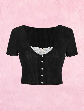 Kawaii T-shirt unicolore à bouton