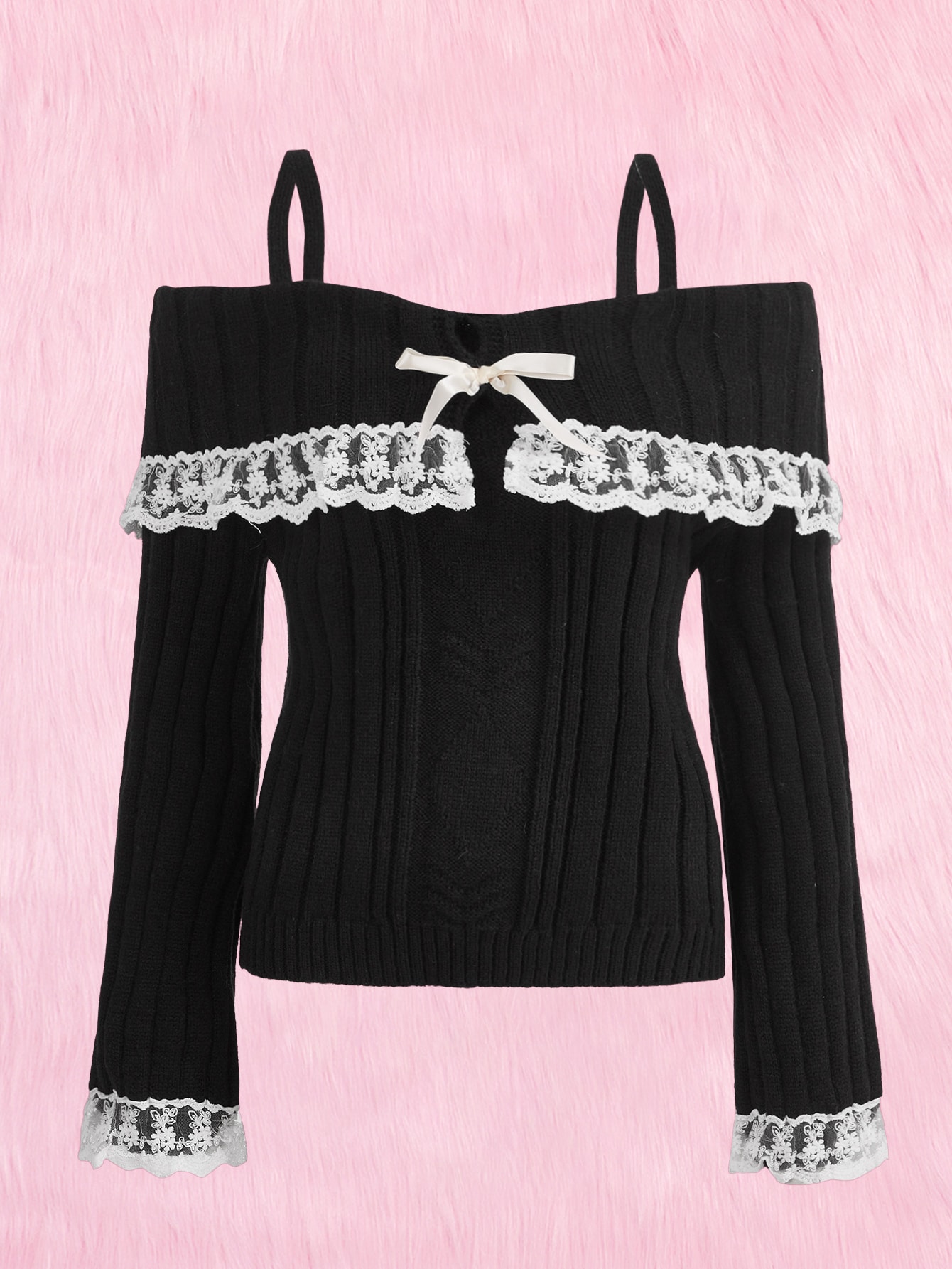 Our Kawaii Himekaji Contrast Lace Bow Cold Shoulder Sweater