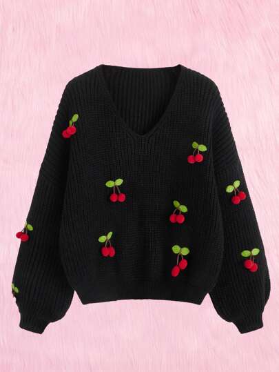 Kawaii كنزة صوف كرز كرات مخملية تفاصيل أكمام فانوس