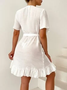 SHEIN Swim Kimono thắt nút bèo nhún bên hông mùa hè - trắng - Xem 2