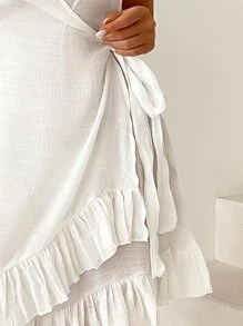 SHEIN Swim Kimono thắt nút bèo nhún bên hông mùa hè - trắng - Xem 3