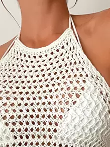 SHEIN Swim Summer Beach Hollow Out Halter Cover Up Dress Without Bikini - Beige - View 3