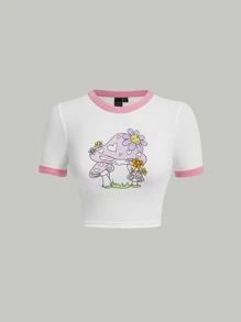 SHEIN MOD 蘑菇和印花撞色滾邊短款T恤 - 白色 - 查看 1