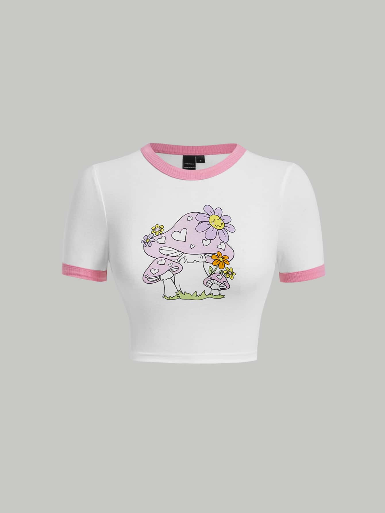 SHEIN MOD 蘑菇和印花撞色滾邊短款T恤 - 白色 - 查看 1