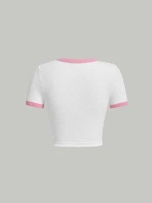 SHEIN MOD 蘑菇和印花撞色滾邊短款T恤 - 白色 - 查看 2