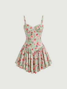 SHEIN MOD Rygglös Krås Hem Dragkedja Blommig Boho Klänning - Multifärgad - Visa 1