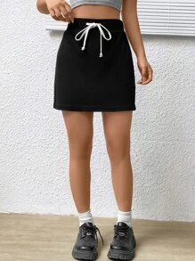 SHEIN EZwear Drawstring Waist Straight Skirt - Black - View 7