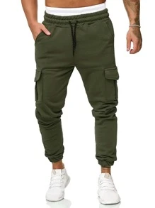 Manfinity Homme Pantalones de chándal largos de carga lisos de color verde oscuro con bolsillo con solapa, cordón ajustable en la cintura y casual para salir - Verde militar - Ver 1