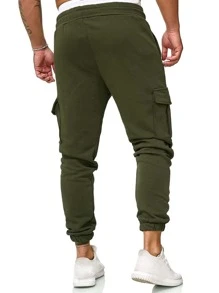 Manfinity Homme Pantalones de chándal largos de carga lisos de color verde oscuro con bolsillo con solapa, cordón ajustable en la cintura y casual para salir - Verde militar - Ver 2