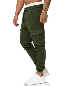 Manfinity Homme Pantalones de chándal largos de carga lisos de color verde oscuro con bolsillo con solapa, cordón ajustable en la cintura y casual para salir - Verde militar - Ver 3