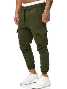Manfinity Homme Pantalones de chándal largos de carga lisos de color verde oscuro con bolsillo con solapa, cordón ajustable en la cintura y casual para salir - Verde militar - Ver 4