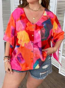 Breezaya Blusa de color combinado de manga murciélago - Multicolor - Ver 5