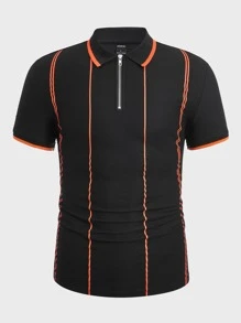 Manfinity RelaxMax Men Striped Print Quarter Zip Polo Shirt - Black - View 1