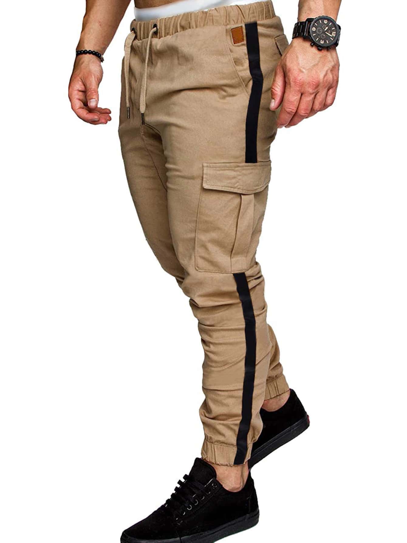 Manfinity Homme Men Tape Side Drawstring Cargo Trousers - Khaki - View 1