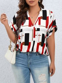 Plus Geo Print Batwing Sleeve Blouse, Summer