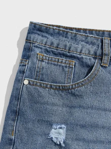 Manfinity RelaxMax Hombres Shorts mezclilla desgarro bajo crudo - Azul lavado medio - Ver 4