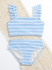 Juego de bikini de tela especial con rayas azules y blancas contrastantes para chica joven de playa de verano - Azul y blanco - Ver 5