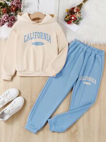 SHEIN Explorewe Girls Letter Graphic Hoodie & Joggers - Multicolor - View 1