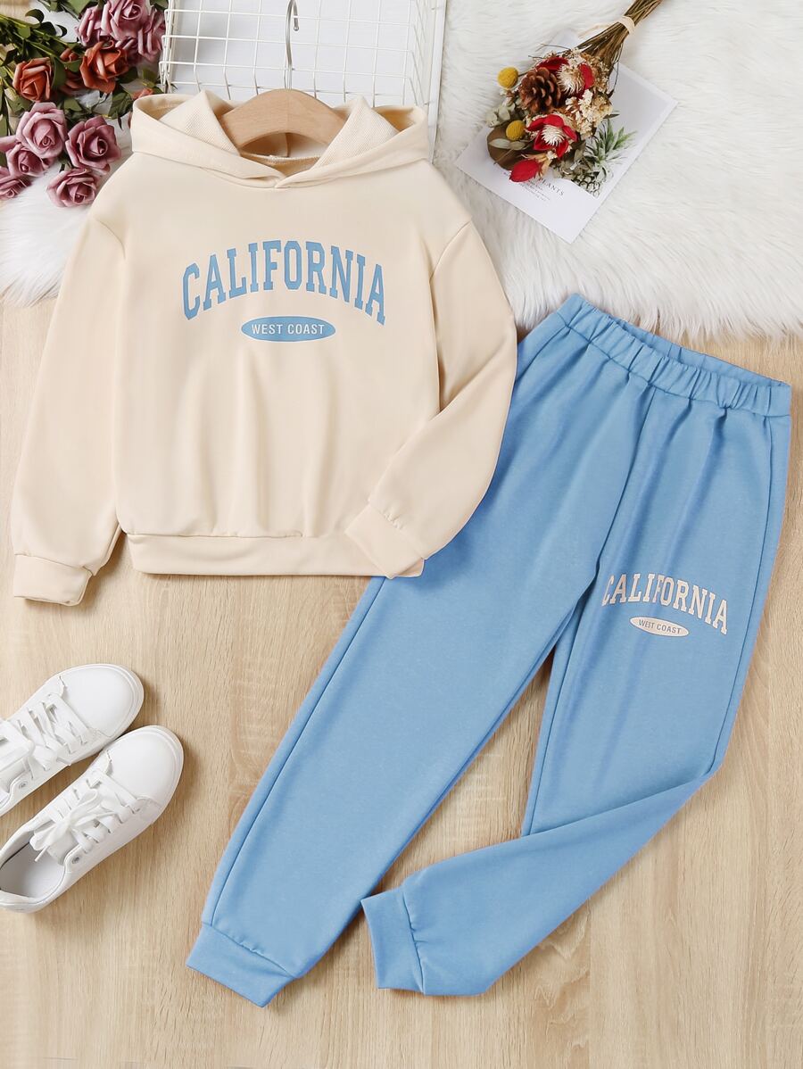 SHEIN Explorewe Girls Letter Graphic Hoodie & Joggers - Multicolor - View 1