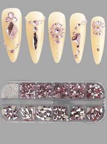 FULL BEAUTY 12 grillas Formas asimétricas rosas Cristales de uñas 3D mixtos Kit de diseños de uñas con gemas y suministros de uñas DIY - Multicolor - Ver 1