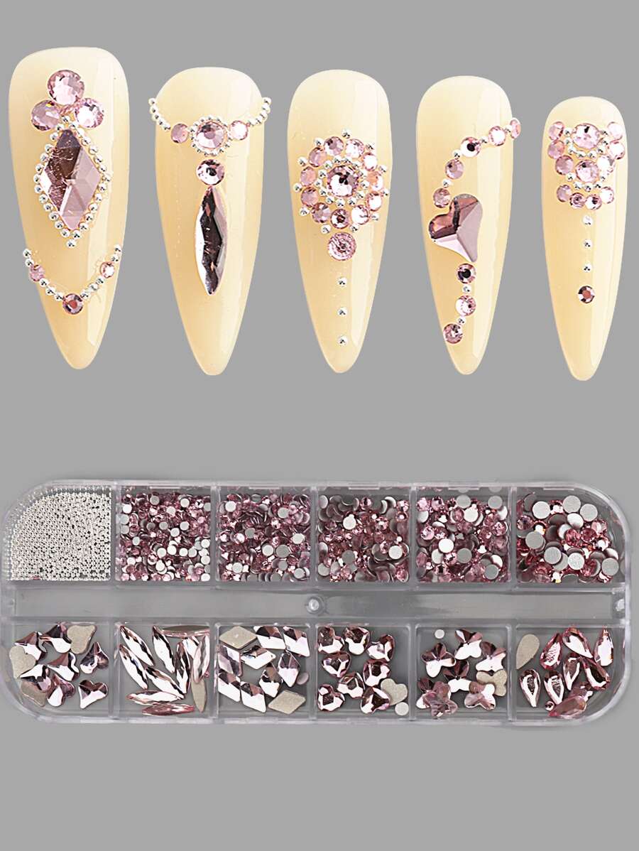 FULL BEAUTY 12 grillas Formas asimétricas rosas Cristales de uñas 3D mixtos Kit de diseños de uñas con gemas y suministros de uñas DIY - Multicolor - Ver 1