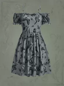 ROMWE Goth Vestido con estampado de mariposa de hombros descubiertos - Gris - Ver 1