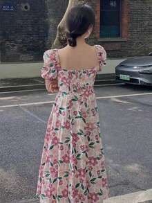 Đầm Tách cao Nếp gấp Phần Ngực Thắt nơ trước Hoa Tất cả trên in Boho - Nhiều màu - Xem 2