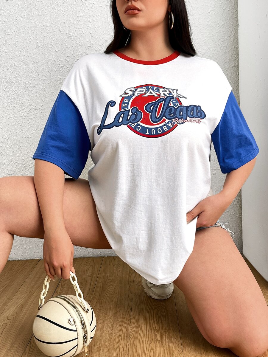 SHEIN EZwear Áo thun Plus size Khối Màu Lá thư Giải trí - trắng - Xem 1