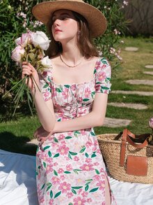 Đầm Tách cao Nếp gấp Phần Ngực Thắt nơ trước Hoa Tất cả trên in Boho - Nhiều màu - Xem 6