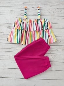 SHEIN Toddler Girls Striped Ruffle Trim Cami Top & Trousers - Multicolor - View 2