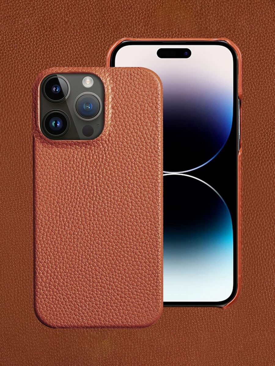 1pc Litchi Embossed Phone Case - Brown - View 1