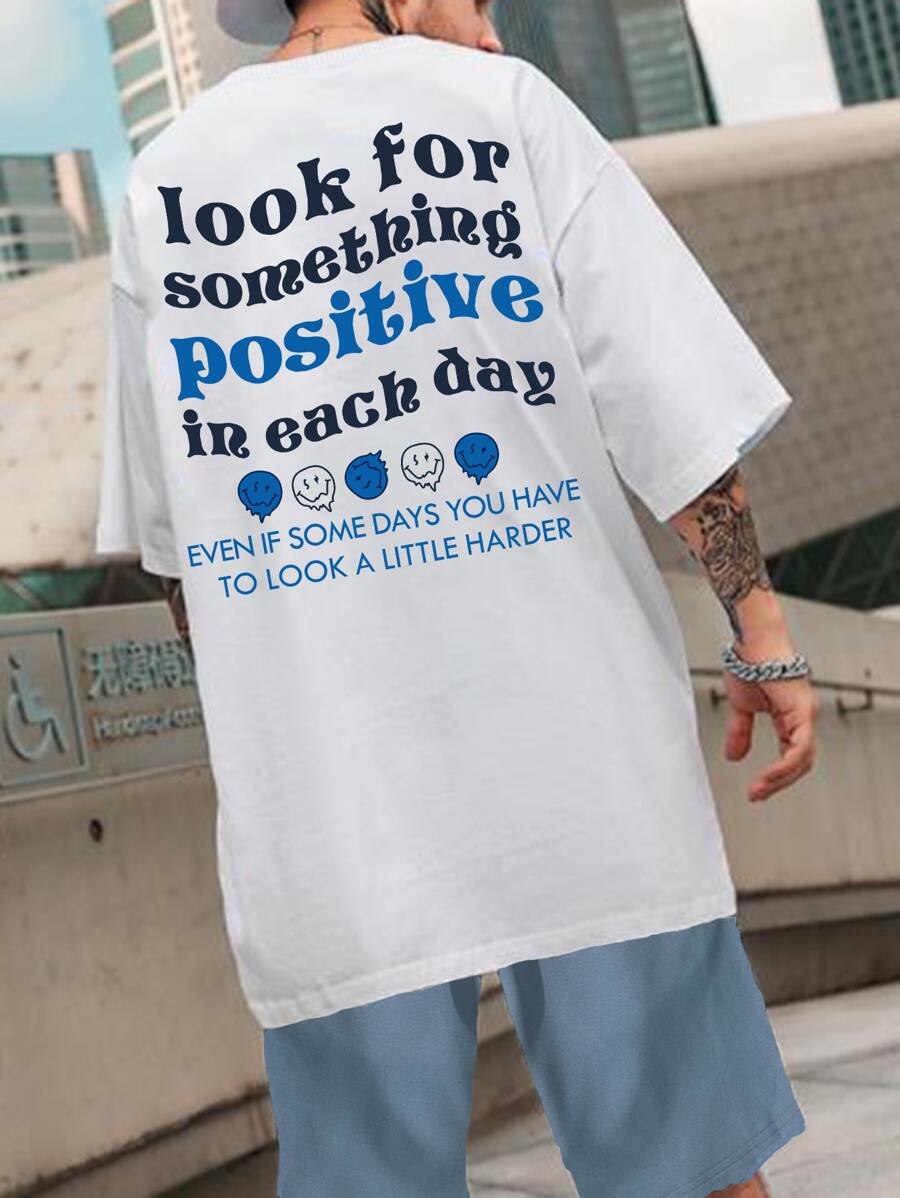 Manfinity Hypemode Men Plus Slogan Graphic Drop Shoulder Tee & Shorts - Blue and White - View 1