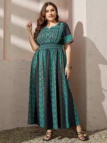 Al Najma Plus Geo Print Notched Neckline Dress Kaftan Jalabiya Dress - Multicolor - View 1