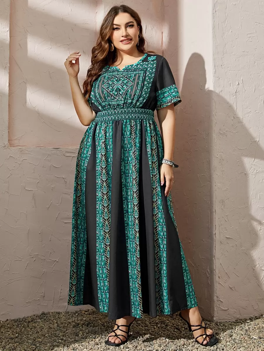 Al Najma Plus Geo Print Notched Neckline Dress Kaftan Jalabiya Dress - Multicolor - View 1