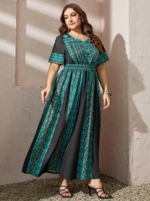 Al Najma Plus Geo Print Notched Neckline Dress Kaftan Jalabiya Dress - Multicolor - View 3