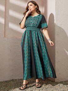 Al Najma Plus Geo Print Notched Neckline Dress Kaftan Jalabiya Dress - Multicolor - View 5