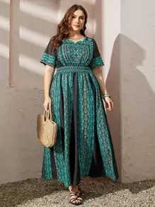 Al Najma Plus Geo Print Notched Neckline Dress Kaftan Jalabiya Dress - Multicolor - View 7