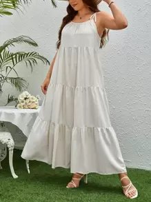 SHEIN VCAY Vestido de tirantes de hombros con cordón bajo con fruncido - Blanco - Ver 1