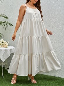 SHEIN VCAY Vestido de tirantes de hombros con cordón bajo con fruncido - Blanco - Ver 3