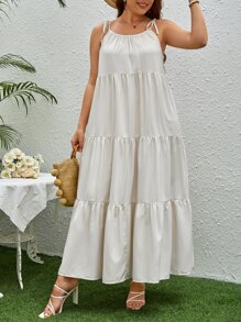 SHEIN VCAY Vestido de tirantes de hombros con cordón bajo con fruncido - Blanco - Ver 4
