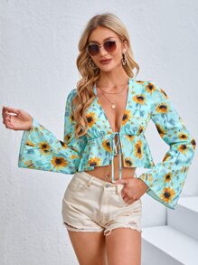 Justinah Kay Floral Print Tie Front Ruffle Hem Blouse - Multicolor - View 1
