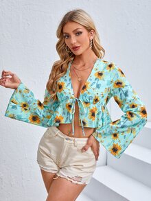 Justinah Kay Floral Print Tie Front Ruffle Hem Blouse - Multicolor - View 3